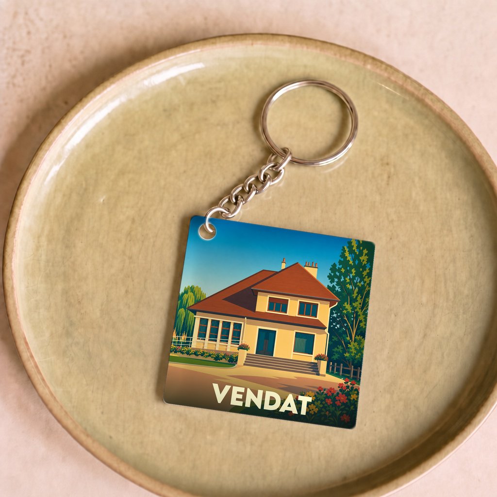 Porte-clés souvenir de la ville de Vendat avec une illustration stylisée d'une maison.