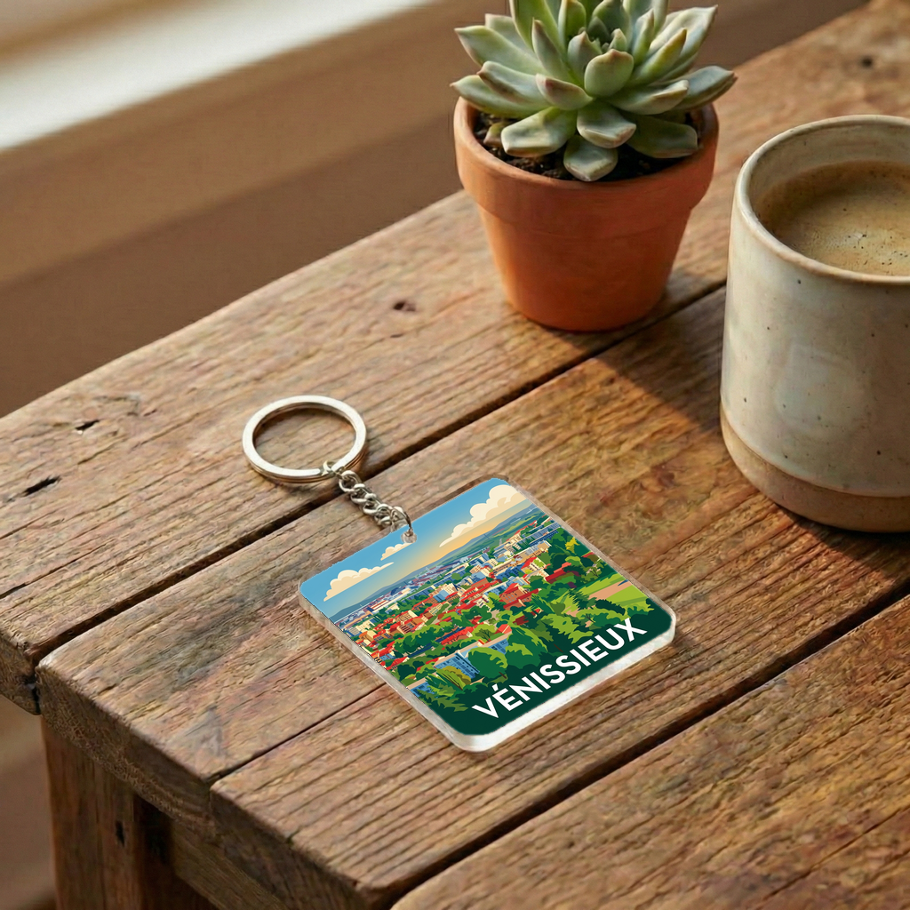 Porte-clés souvenir de la ville de Vénissieux avec une illustration stylisée du paysage urbain.