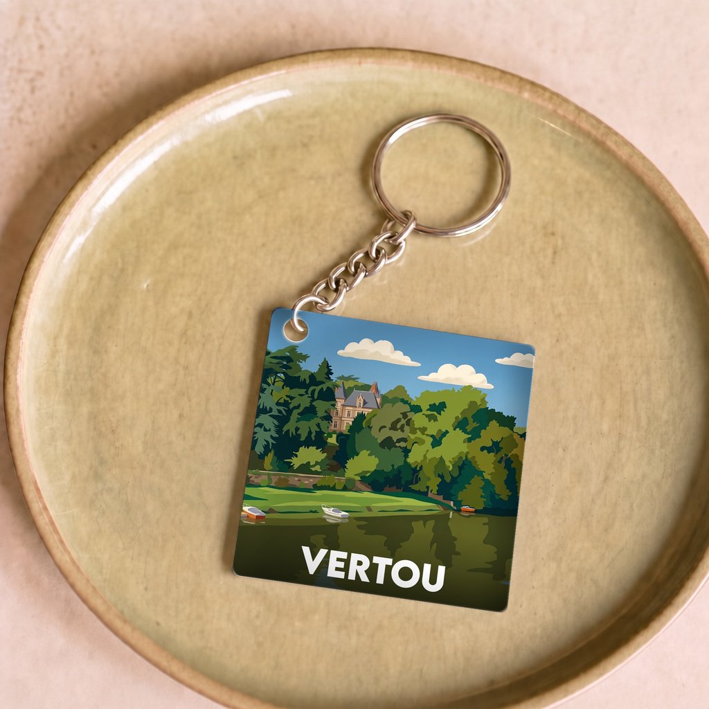 Porte-clés souvenir de la ville de Vertou avec une illustration stylisée.