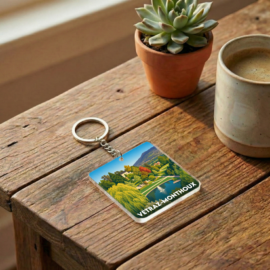 Porte-clés souvenir de la ville de Vétraz-Monthoux avec une illustration stylisée de son paysage.