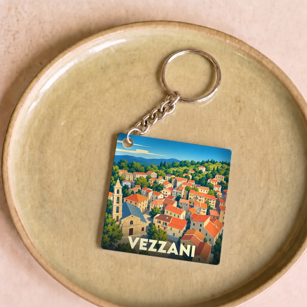 Porte-clés souvenir de la ville de Vezzani avec une illustration stylisée de son village.