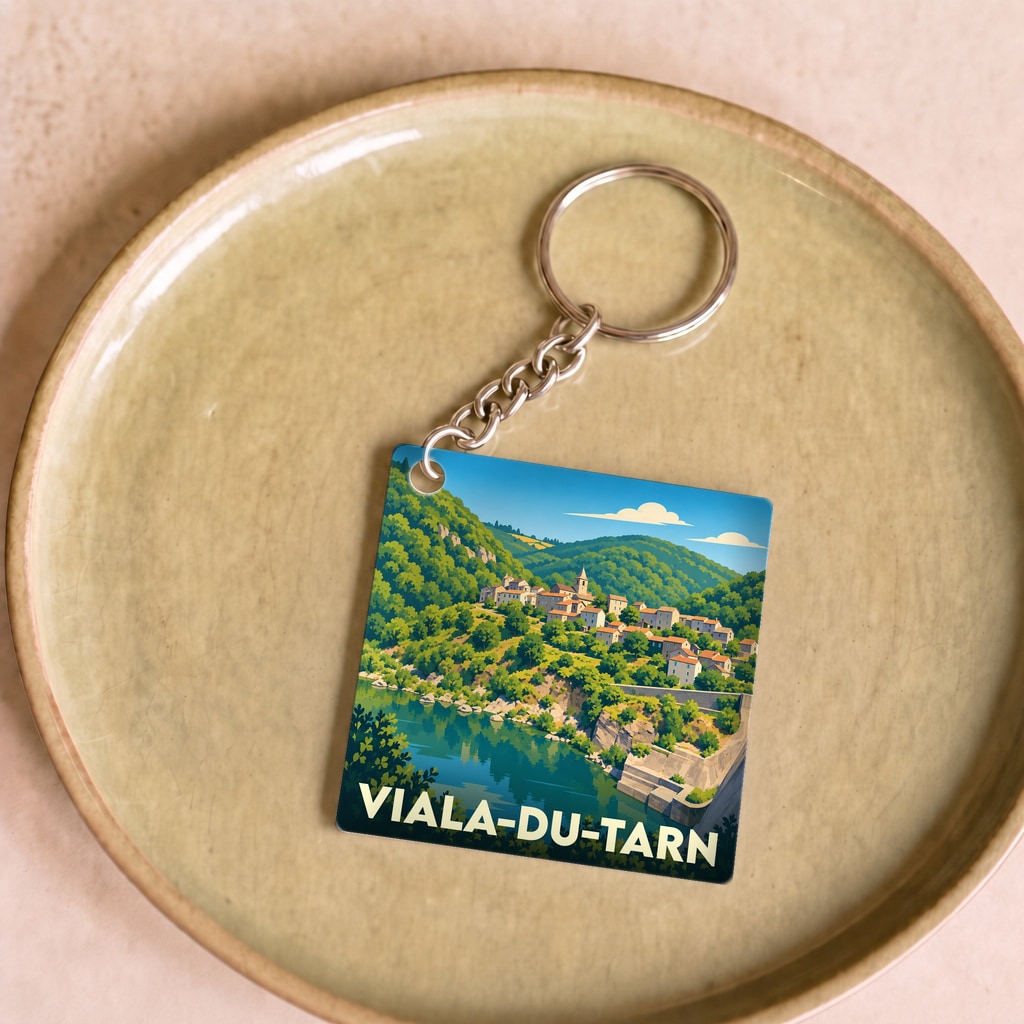 Porte-clés souvenir de la ville de Viala-du-Tarn avec une illustration stylisée.