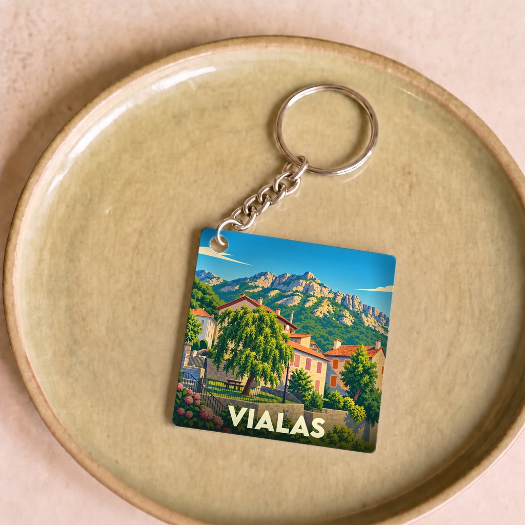 Porte-clés souvenir de la ville de Vialas avec une illustration stylisée de ses paysages montagneux.