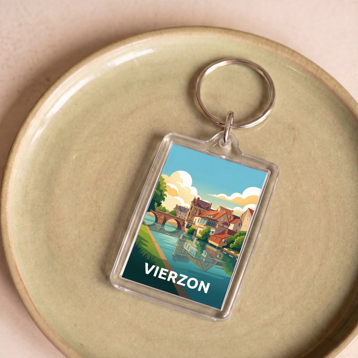 Porte-clés souvenir de la ville de Vierzon avec une illustration stylisée.