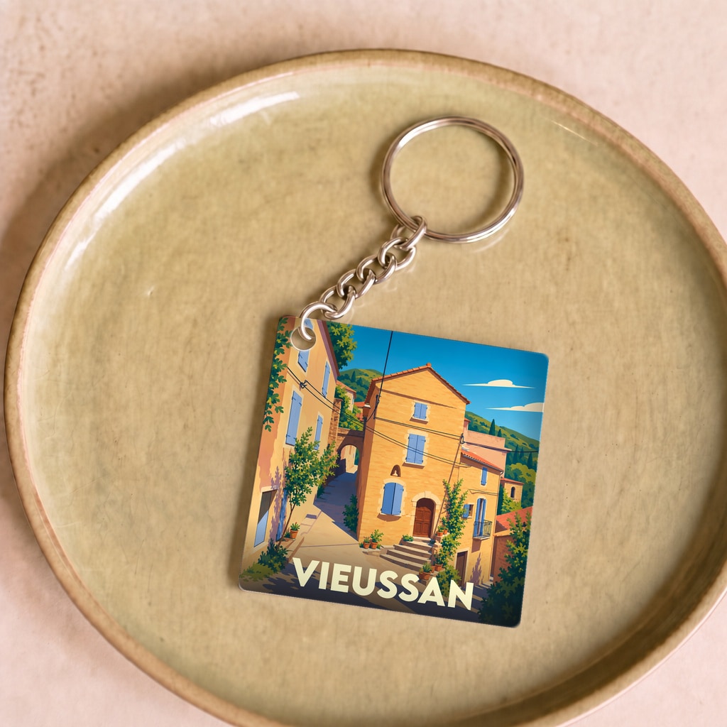 Porte-clés souvenir de la ville de Vieussan avec une illustration colorée et stylisée de ses ruelles.