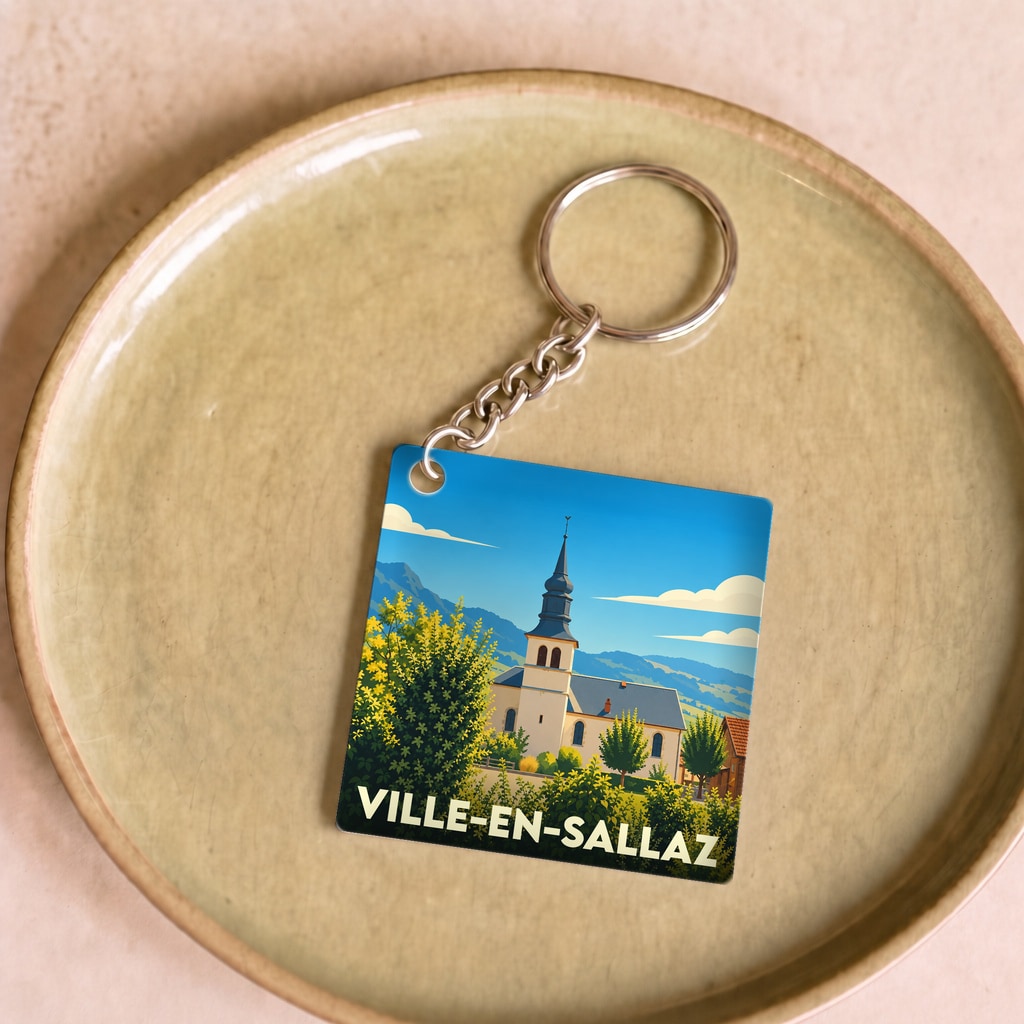 Porte-clés souvenir de Ville-en-Sallaz illustré d'un paysage stylisé avec son église.