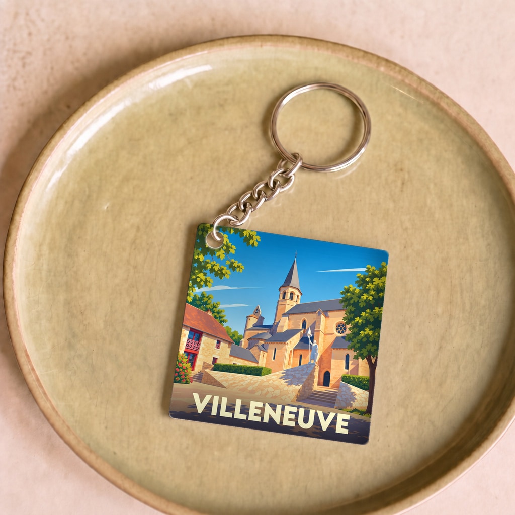 Porte-clés souvenir de la ville de Villeneuve avec une illustration stylisée de son église et de son architecture médiévale.