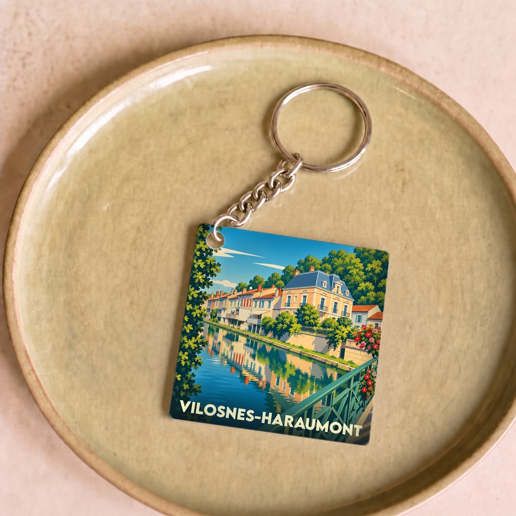 Porte-clés souvenir de la ville de Vilosnes-Haraumont avec une illustration stylisée d'un canal et de maisons colorées.