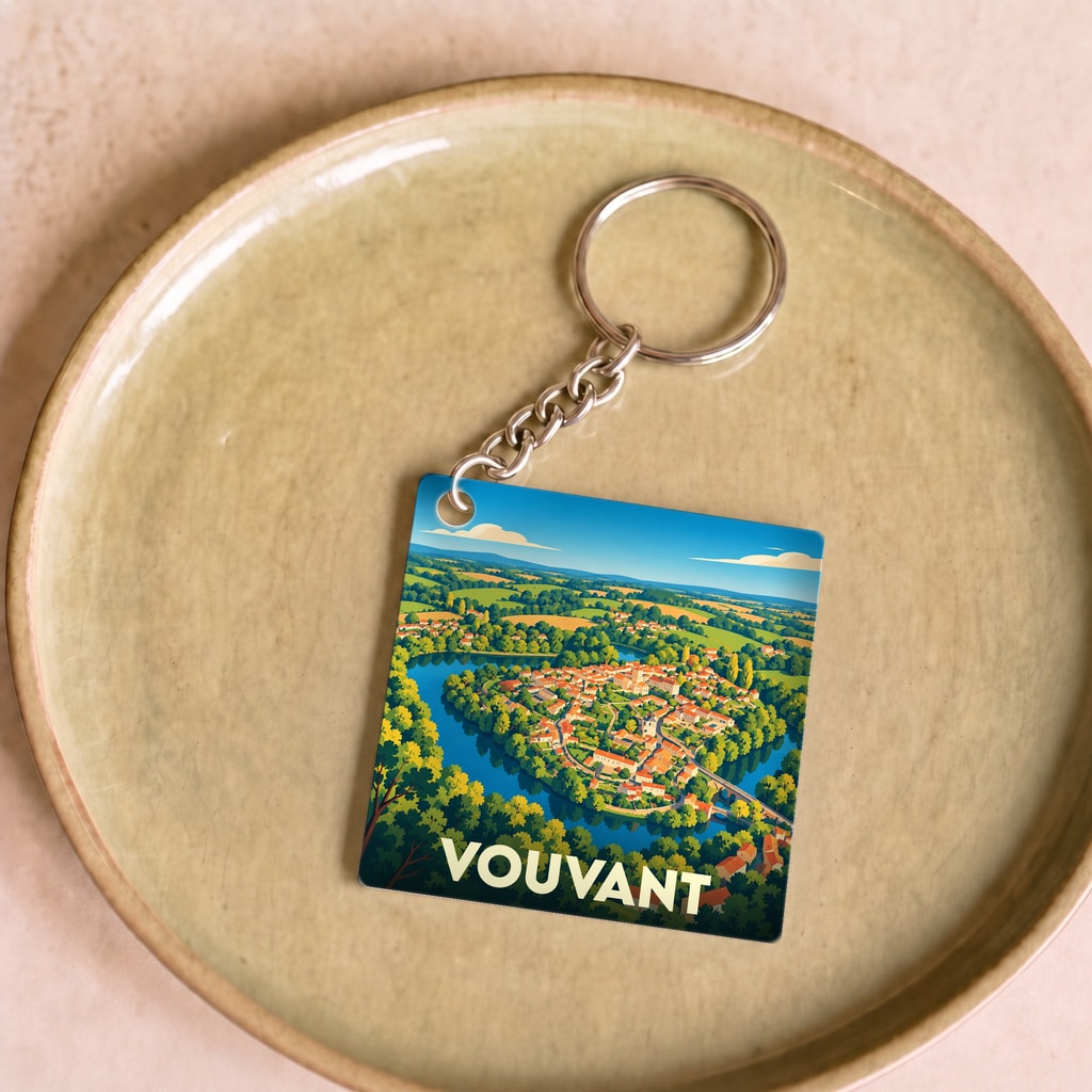 Porte-clés souvenir de la ville de Vouvant avec une illustration stylisée.