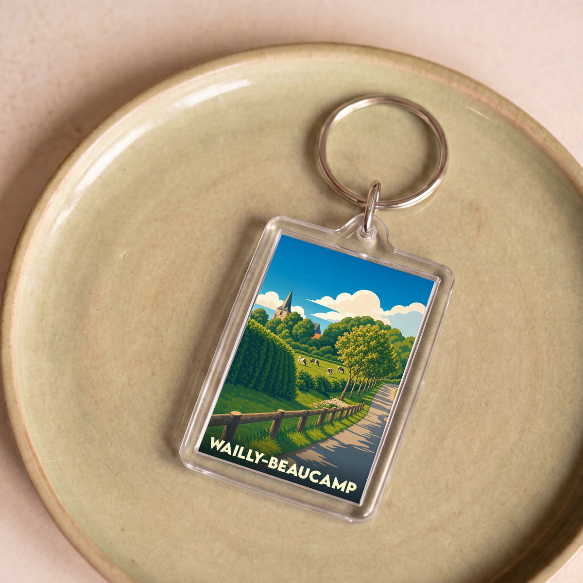 Porte-clés souvenir de la ville de Wailly-Beaucamp avec une illustration champêtre stylisée.