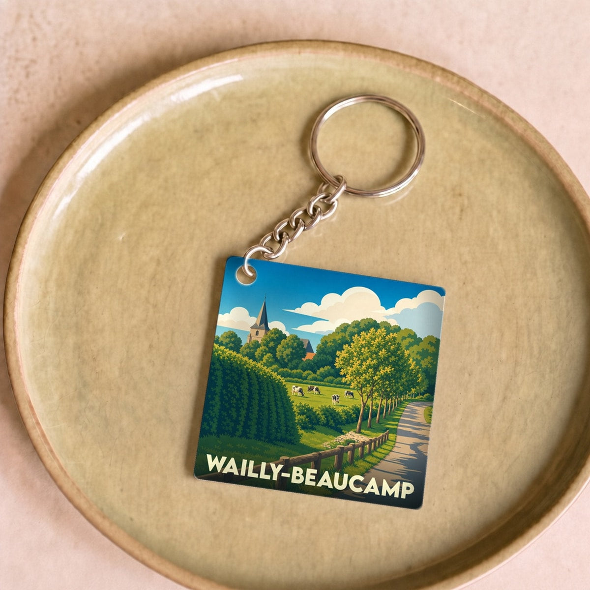 Porte-clés souvenir de la ville de Wailly-Beaucamp avec une illustration champêtre stylisée.
