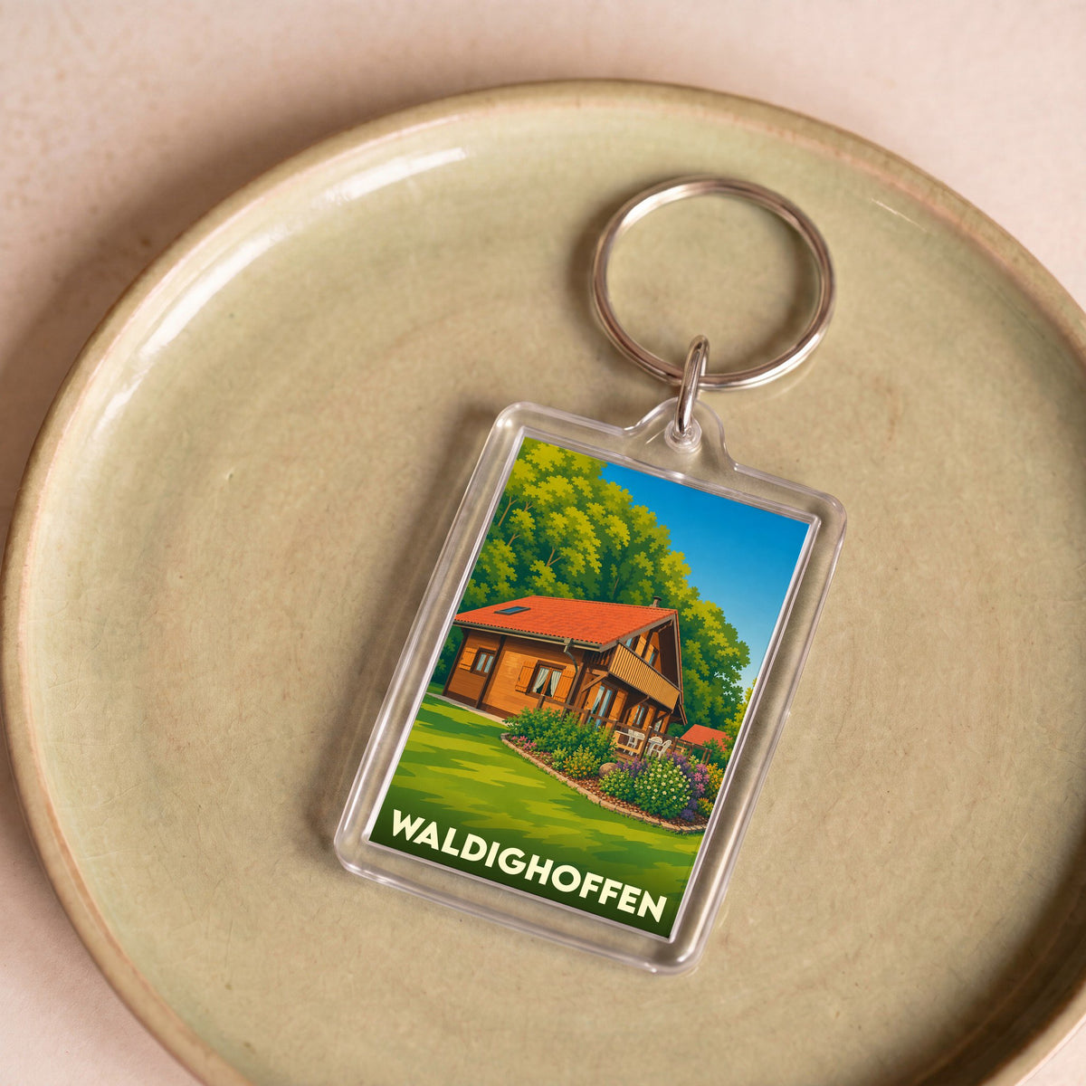 Porte-clés souvenir de la ville de Waldighoffen avec l'illustration d'un chalet alsacien.