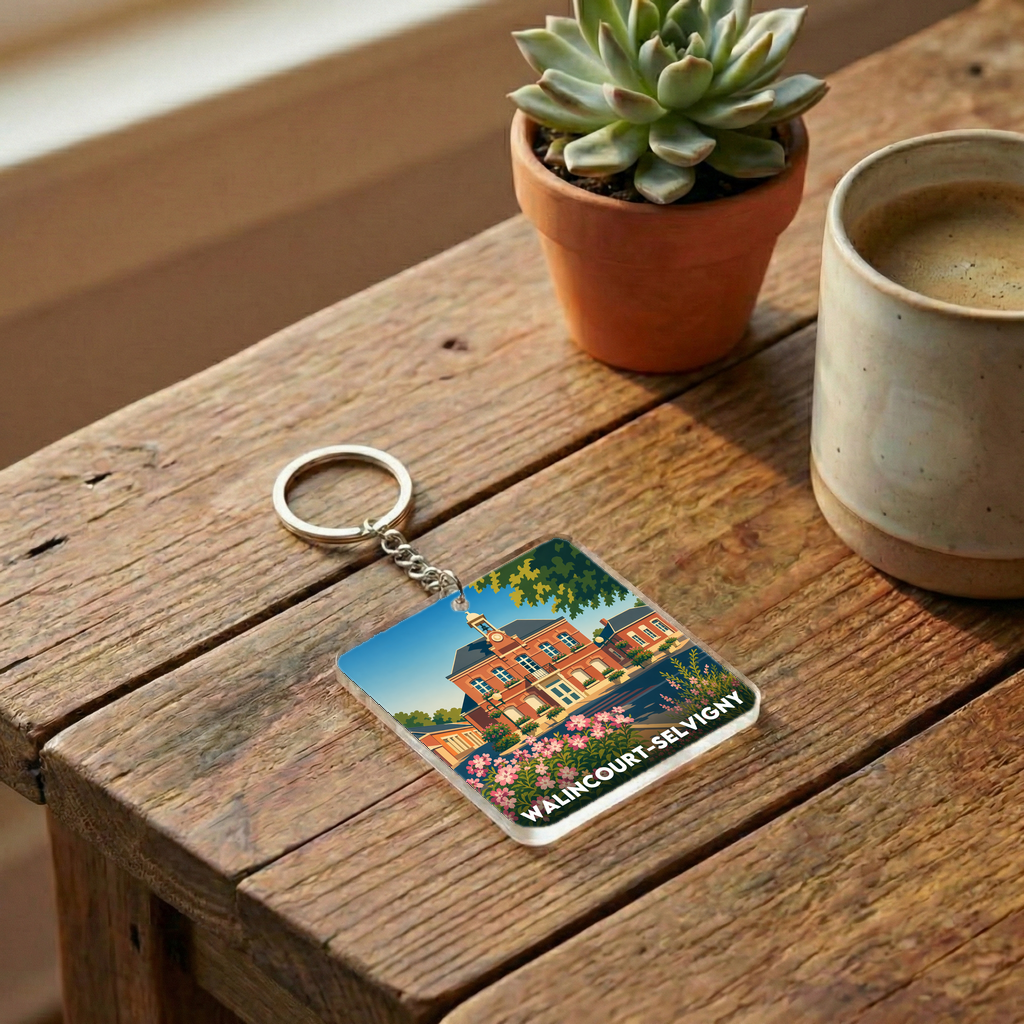 Porte-clés souvenir de la ville de Walincourt-Selvigny avec une illustration stylisée.