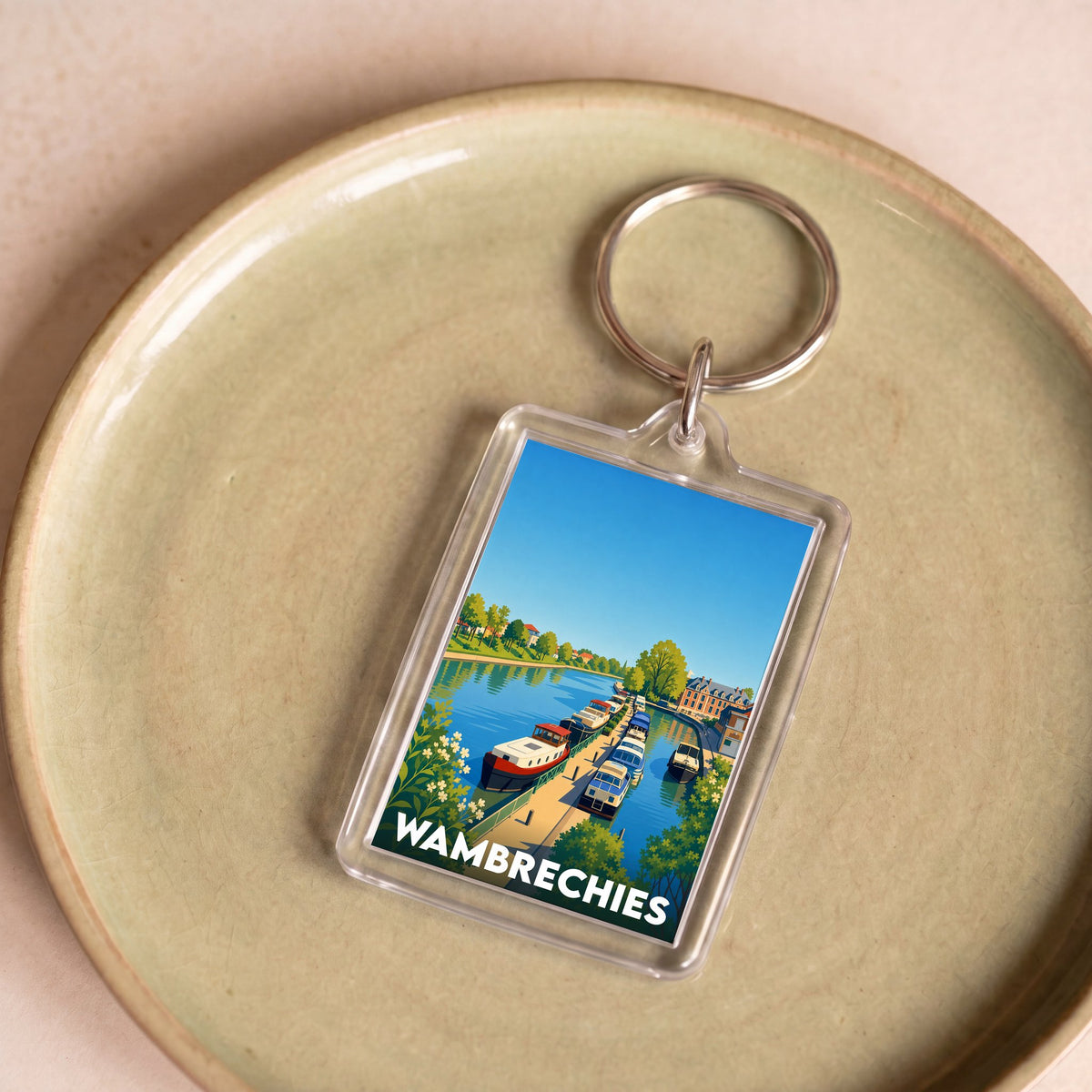 Porte-clés souvenir de la ville de Wambrechies avec une illustration stylisée du port de plaisance.