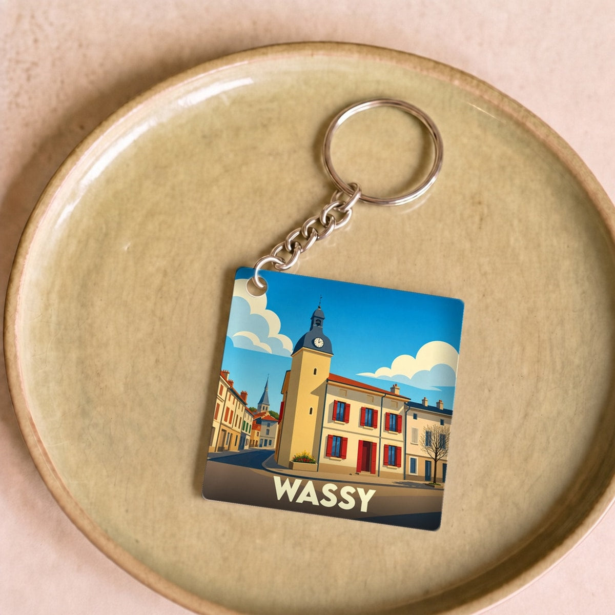 Porte-clés souvenir de la ville de Wassy avec une illustration stylisée.