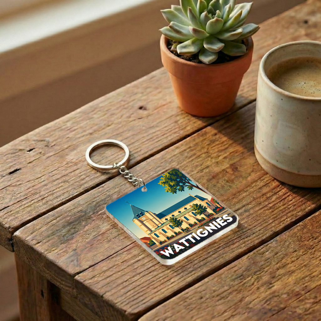 Porte-clés souvenir de la ville de Wattignies avec une illustration stylisée de son église.
