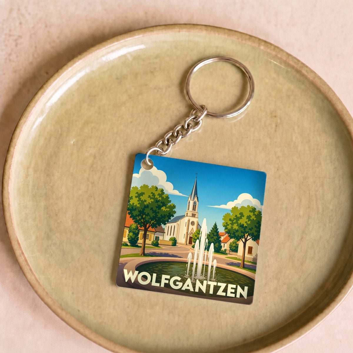Porte-clés souvenir de la ville de Wolfgantzen avec une illustration stylisée d'une fontaine et de son église.