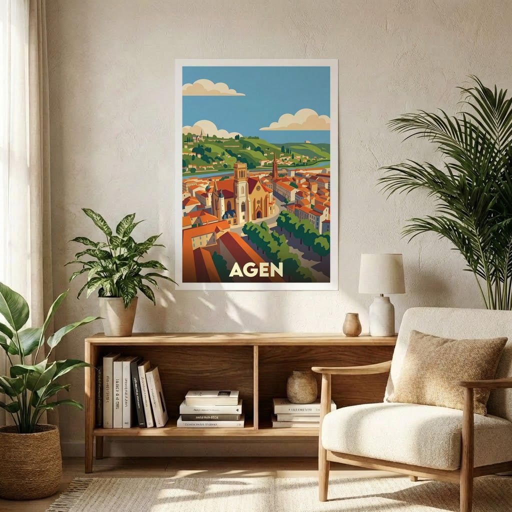 Poster souvenir de la ville d'Agen avec une illustration stylisée et colorée.