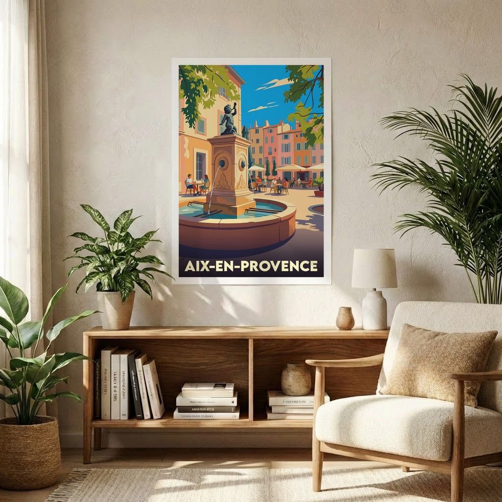 Poster souvenir de la ville d'Aix-en-Provence avec une illustration stylisée d'une fontaine ensoleillée.