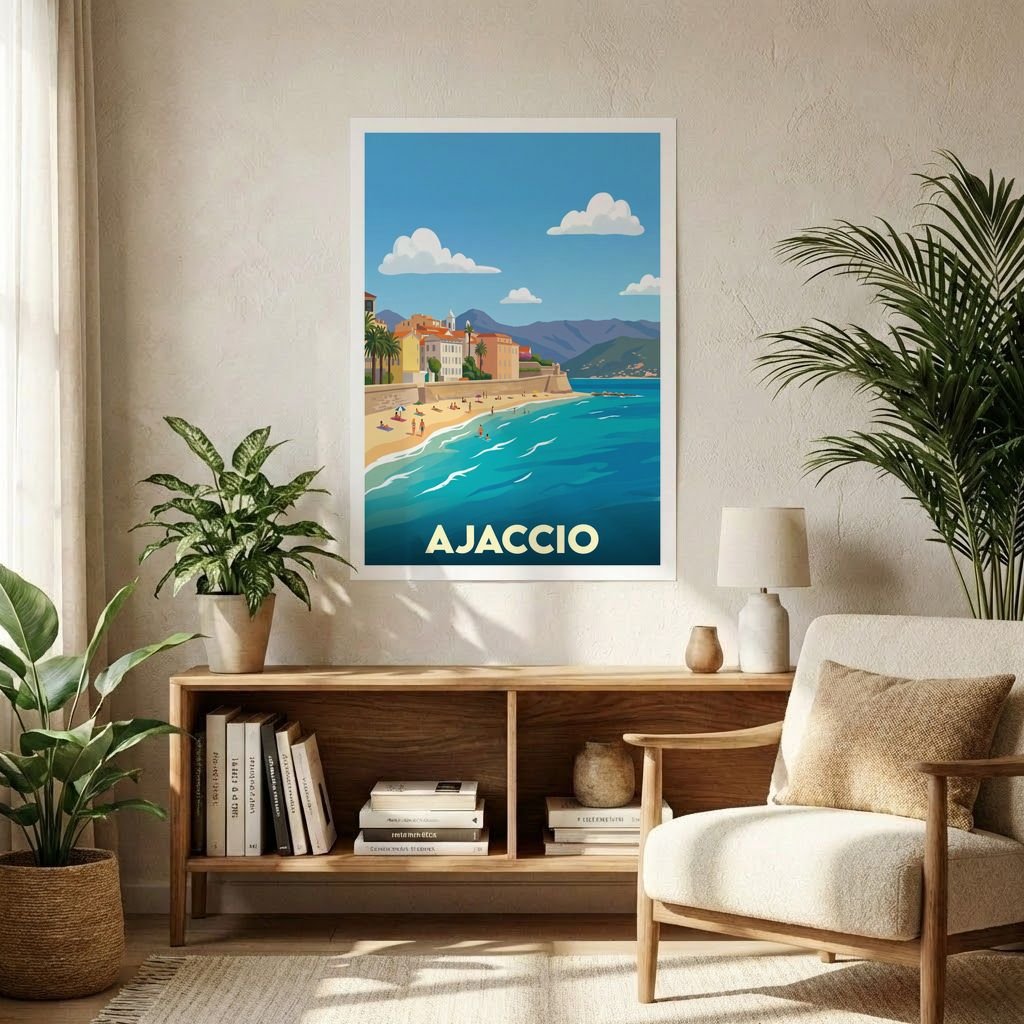 Poster de la ville d'Ajaccio avec une illustration stylisée et colorée de son bord de mer.