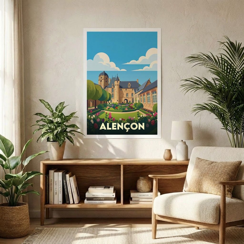 Poster souvenir de la ville d'Alençon avec une illustration stylisée de son château et ses jardins.