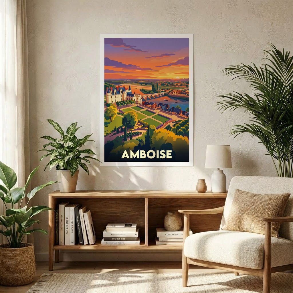 Poster souvenir de la ville d’Amboise avec une illustration stylisée de son château et du paysage.