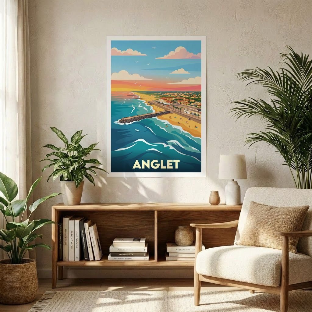 Poster souvenir de la ville d'Anglet avec une illustration stylisée de son littoral au coucher du soleil.