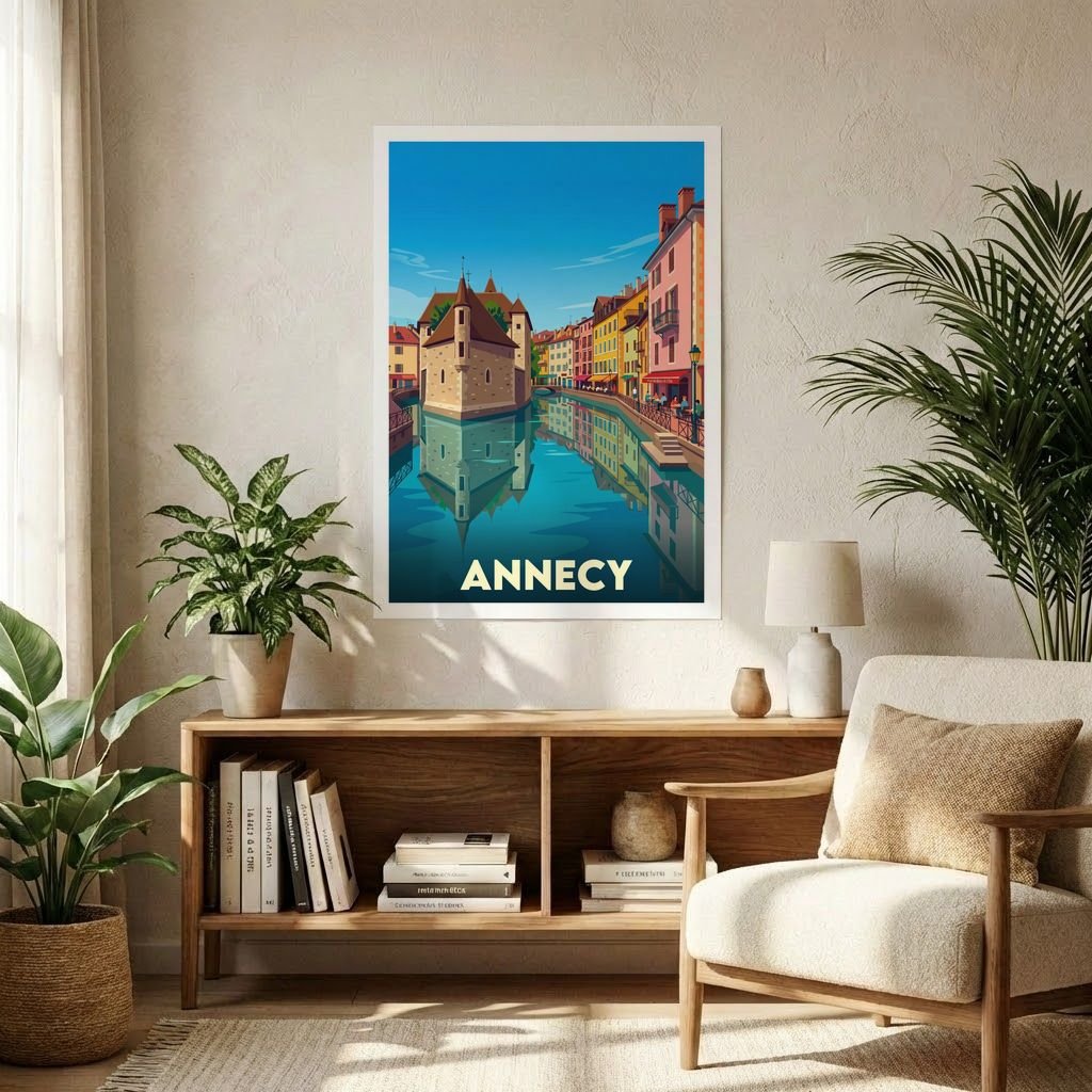Affiche souvenir de la ville d'Annecy avec une illustration stylisée de ses canaux et de sa vieille ville.