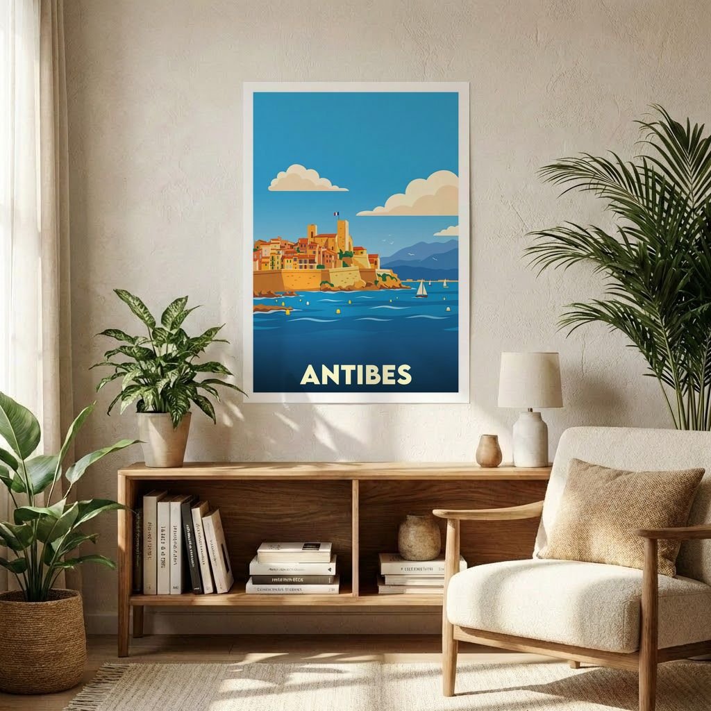 Poster souvenir de la ville d'Antibes avec une illustration stylisée de son front de mer.