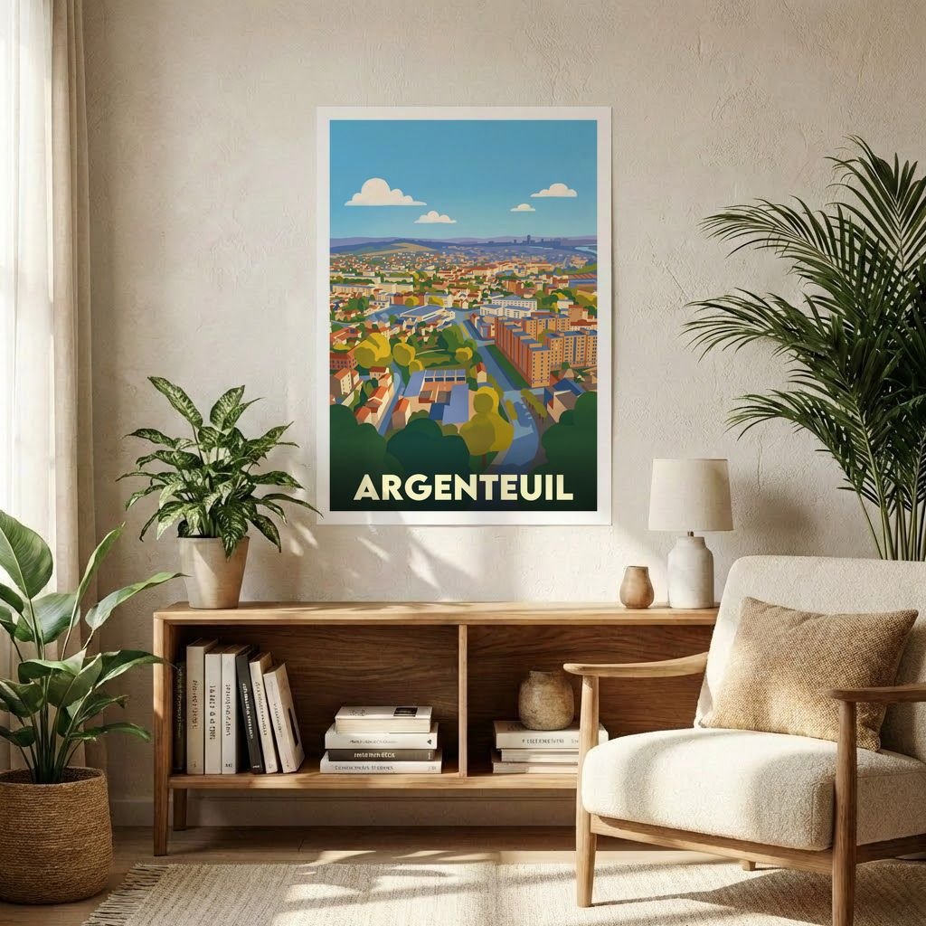 Affiche souvenir de la ville d'Argenteuil avec une illustration stylisée de son paysage urbain.