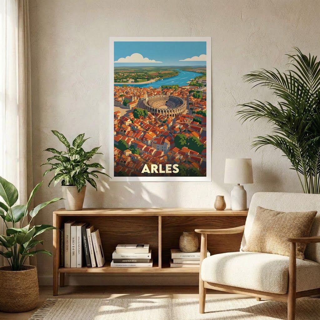 Affiche souvenir de la ville d'Arles avec une illustration stylisée de ses arènes romaines et de son paysage urbain.