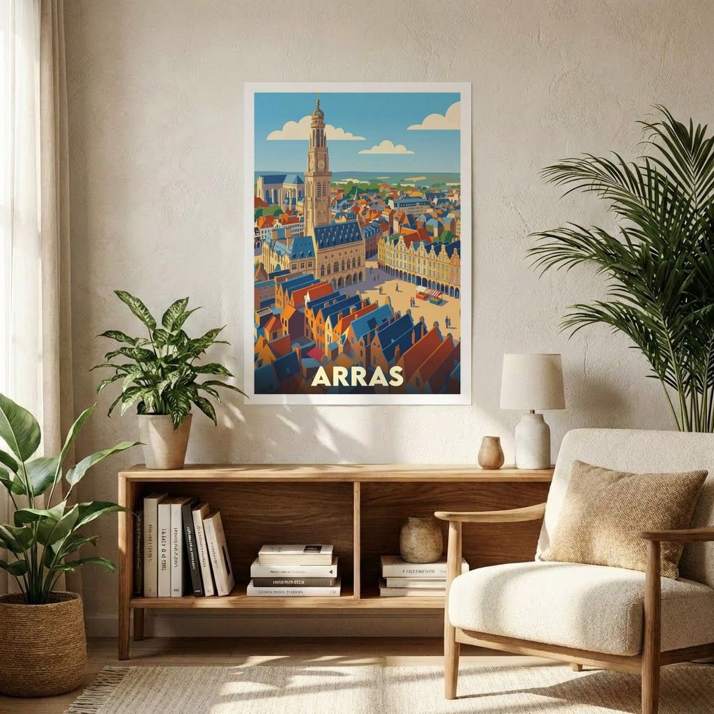 Poster souvenir de la ville d'Arras avec une illustration stylisée de son beffroi et de ses places.