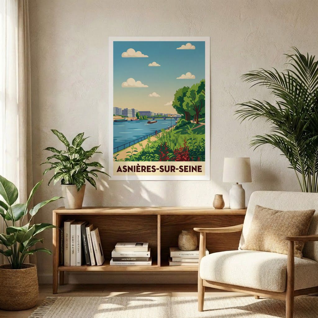 Poster souvenir de la ville d'Asnières-sur-Seine avec une illustration stylisée des bords de Seine.