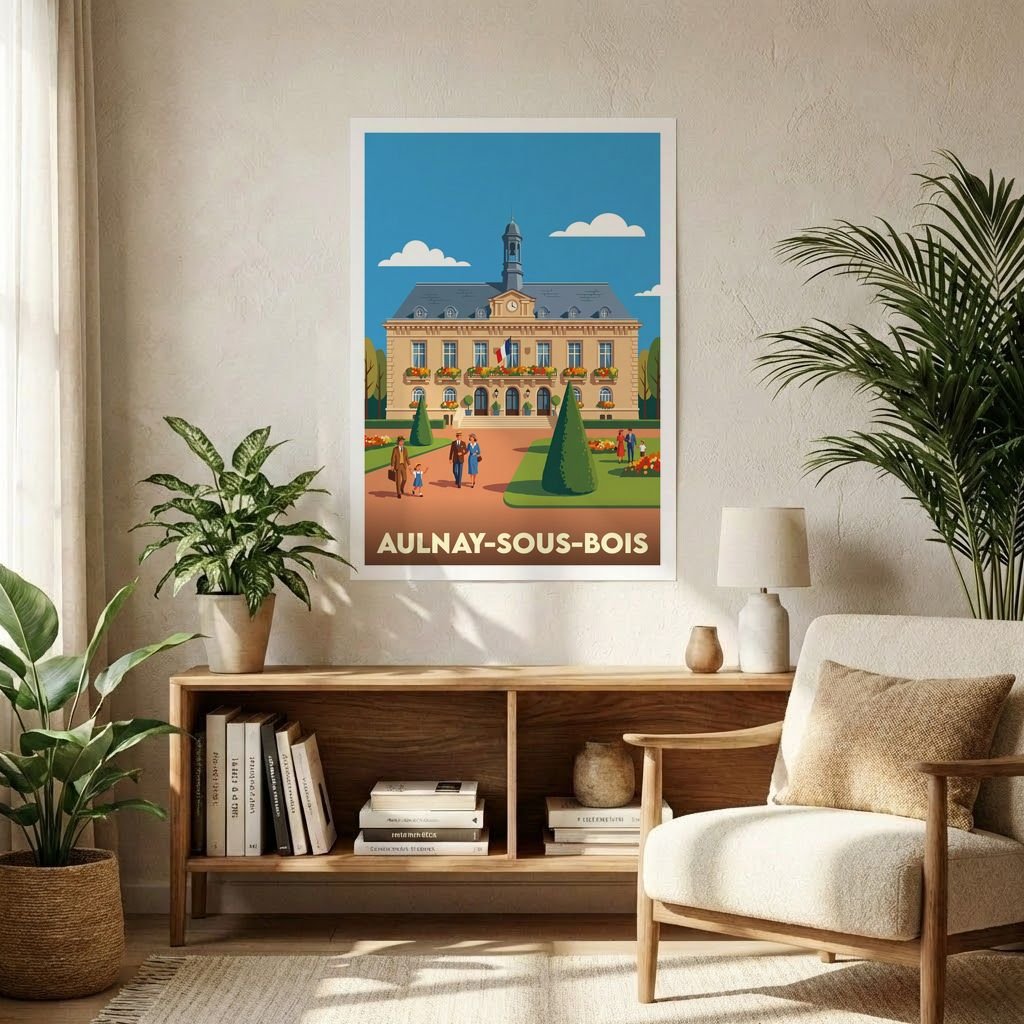Poster souvenir de la ville d'Aulnay-sous-Bois avec une illustration stylisée de son hôtel de ville.