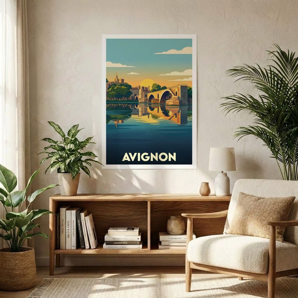 Poster souvenir de la ville d'Avignon avec une illustration stylisée du célèbre pont au coucher du soleil.
