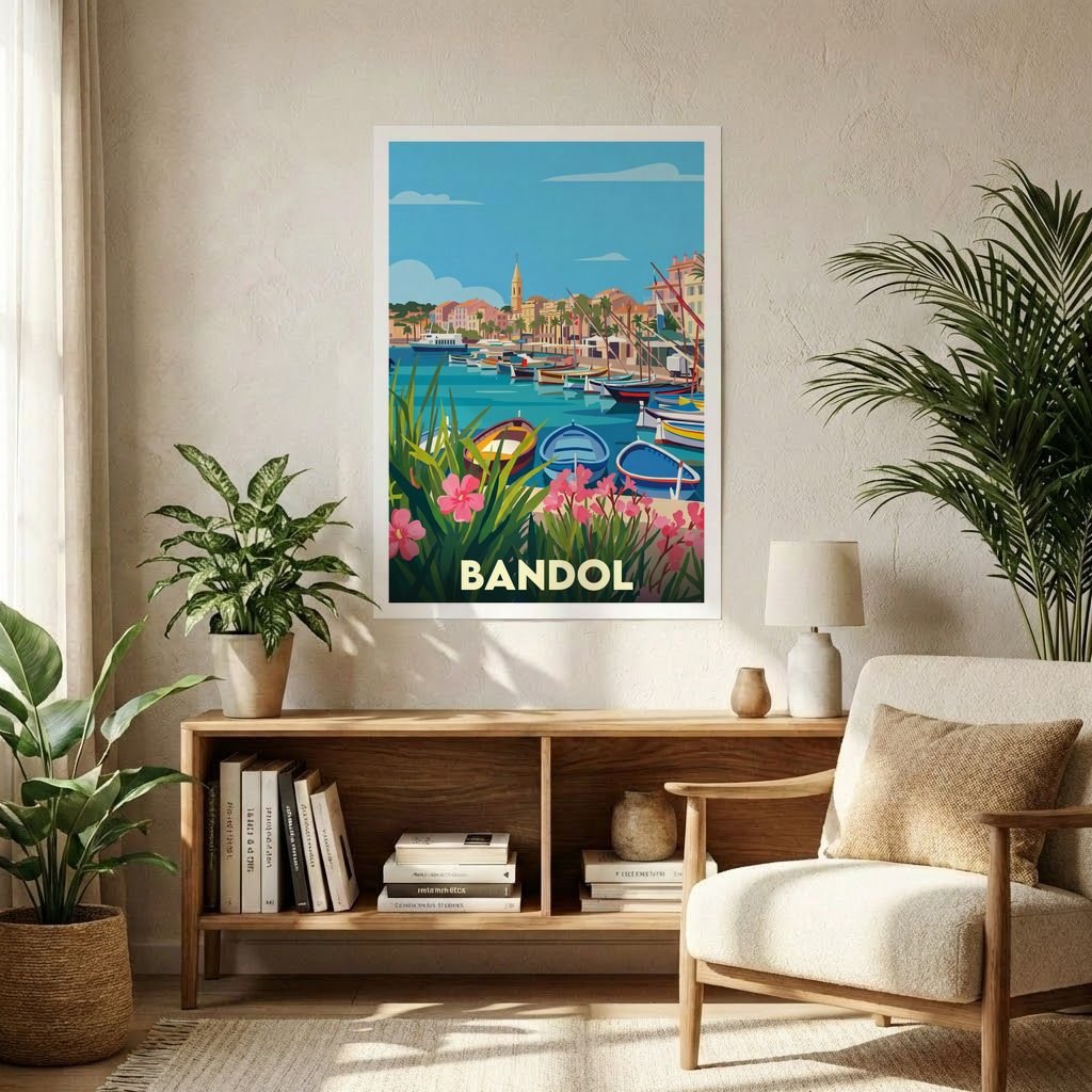 Affiche souvenir de la ville de Bandol avec une illustration stylisée et colorée de son port.