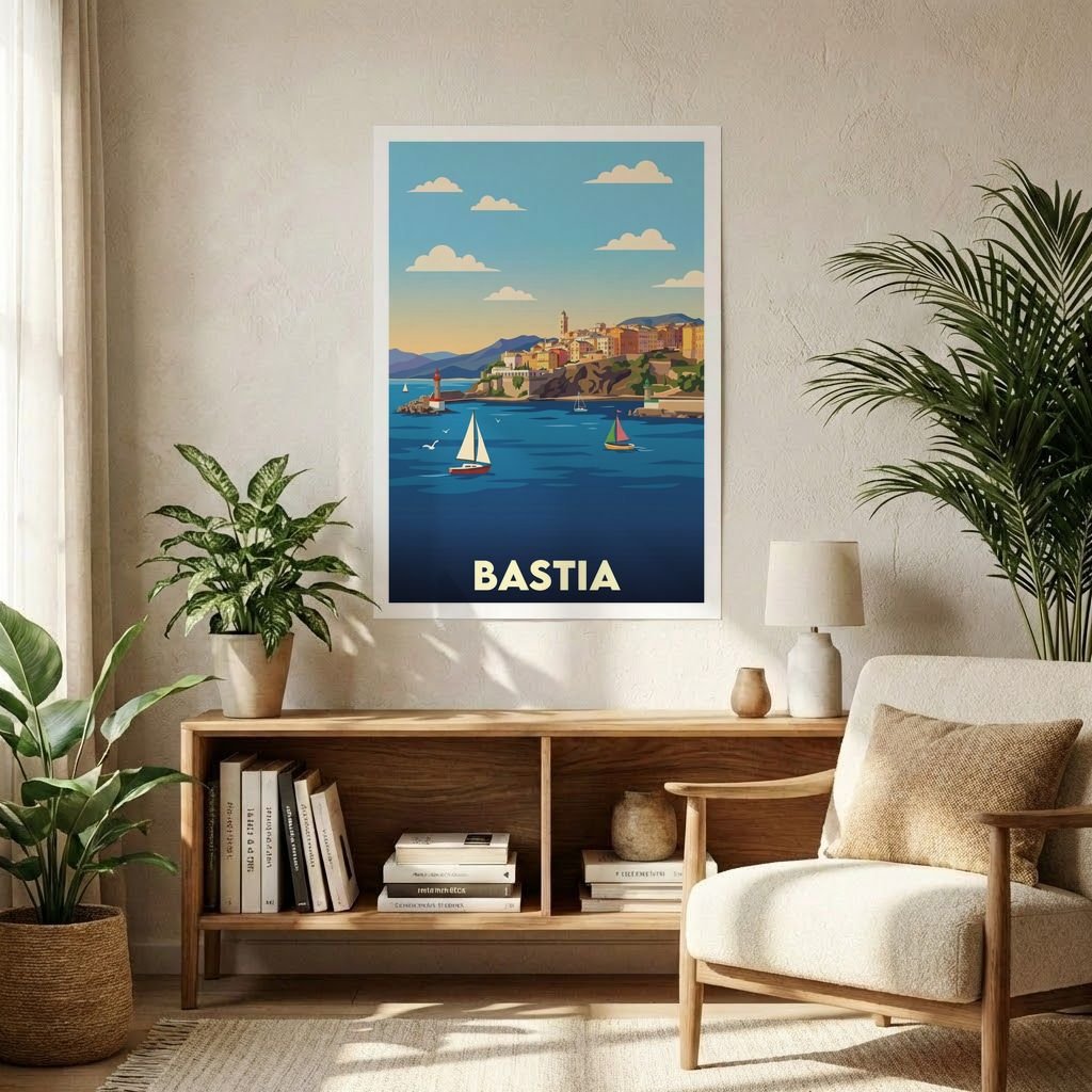 Poster souvenir de la ville de Bastia avec une illustration stylisée.