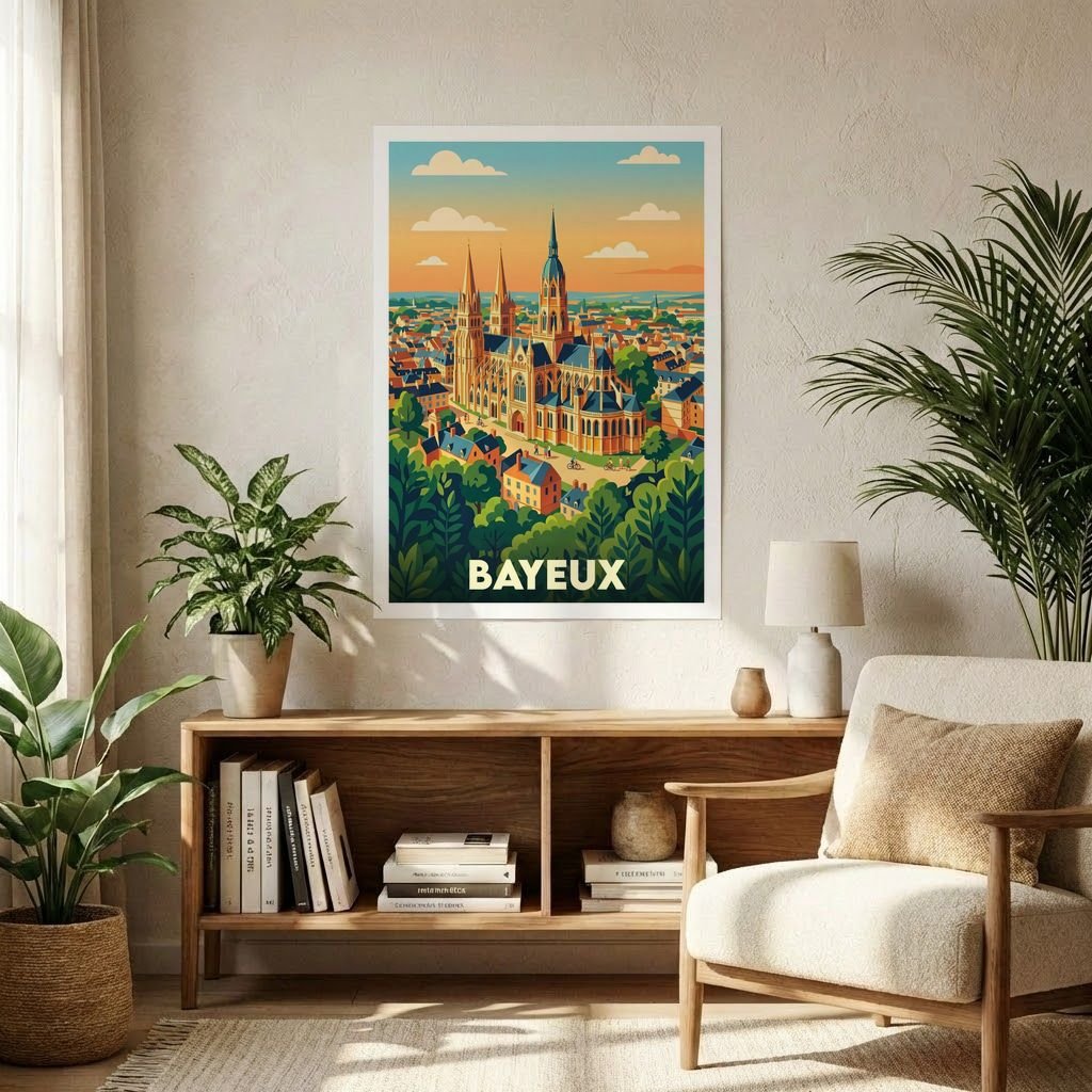 Poster souvenir de la ville de Bayeux avec une illustration stylisée de sa cathédrale.