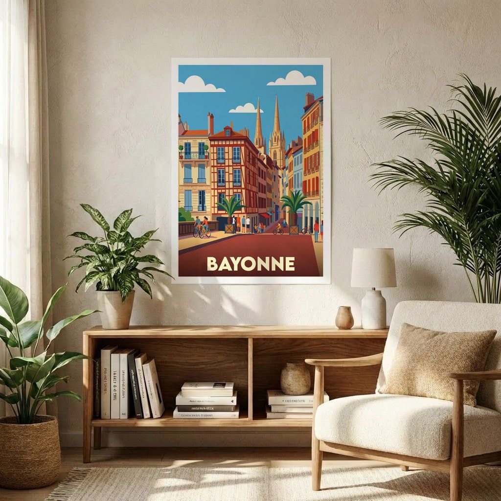 Affiche souvenir de la ville de Bayonne avec une illustration stylisée de ses rues colorées et de sa cathédrale.