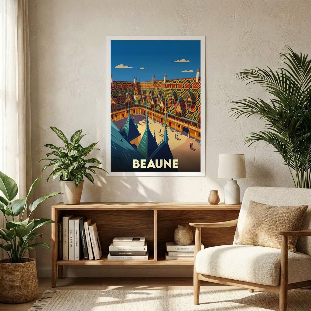 Affiche souvenir de la ville de Beaune avec une illustration stylisée.