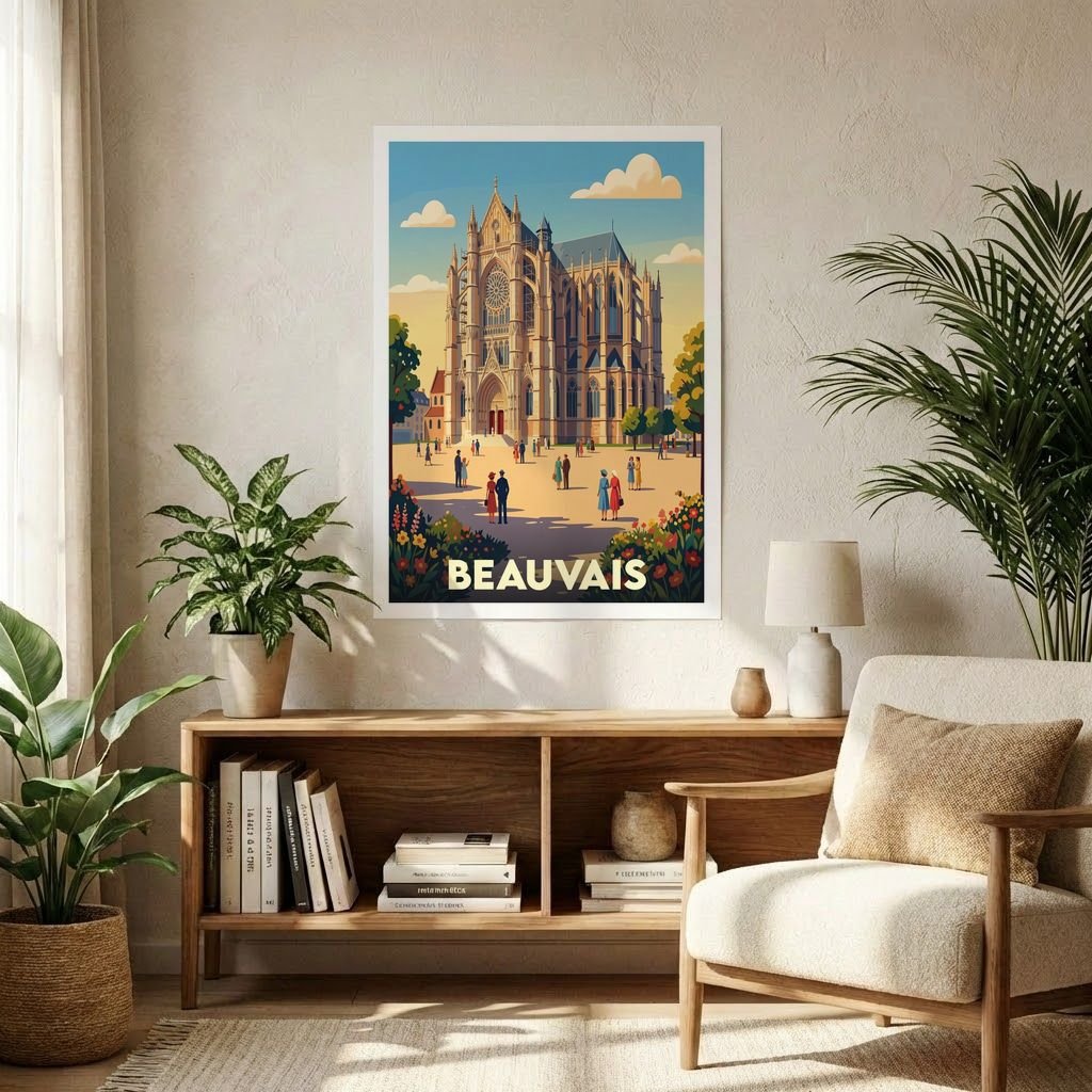 Poster souvenir de la ville de Beauvais avec une illustration stylisée de sa cathédrale.