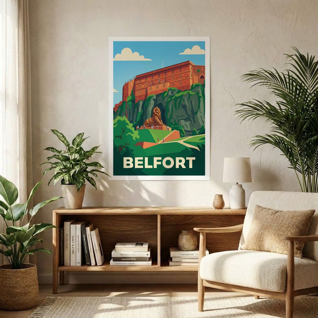 Affiche souvenir de la ville de Belfort avec une illustration stylisée de son célèbre Lion et de sa Citadelle.