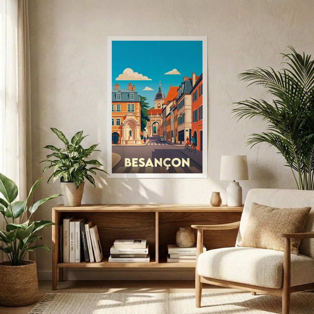 Affiche souvenir de la ville de Besançon avec une illustration stylisée.