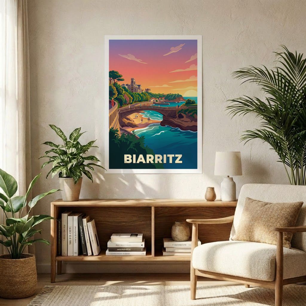 Poster souvenir de la ville de Biarritz avec une illustration stylisée de son littoral.
