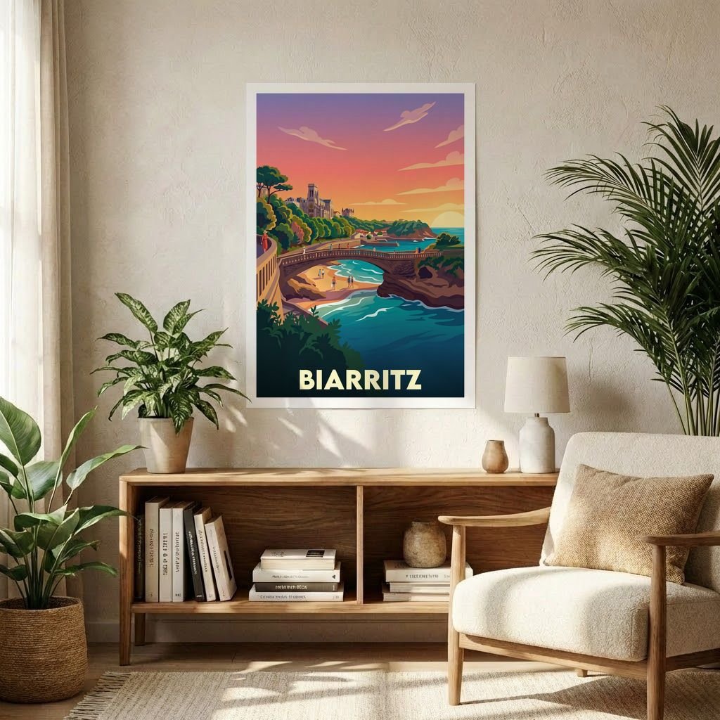 Poster souvenir de la ville de Biarritz avec une illustration stylisée de son littoral.