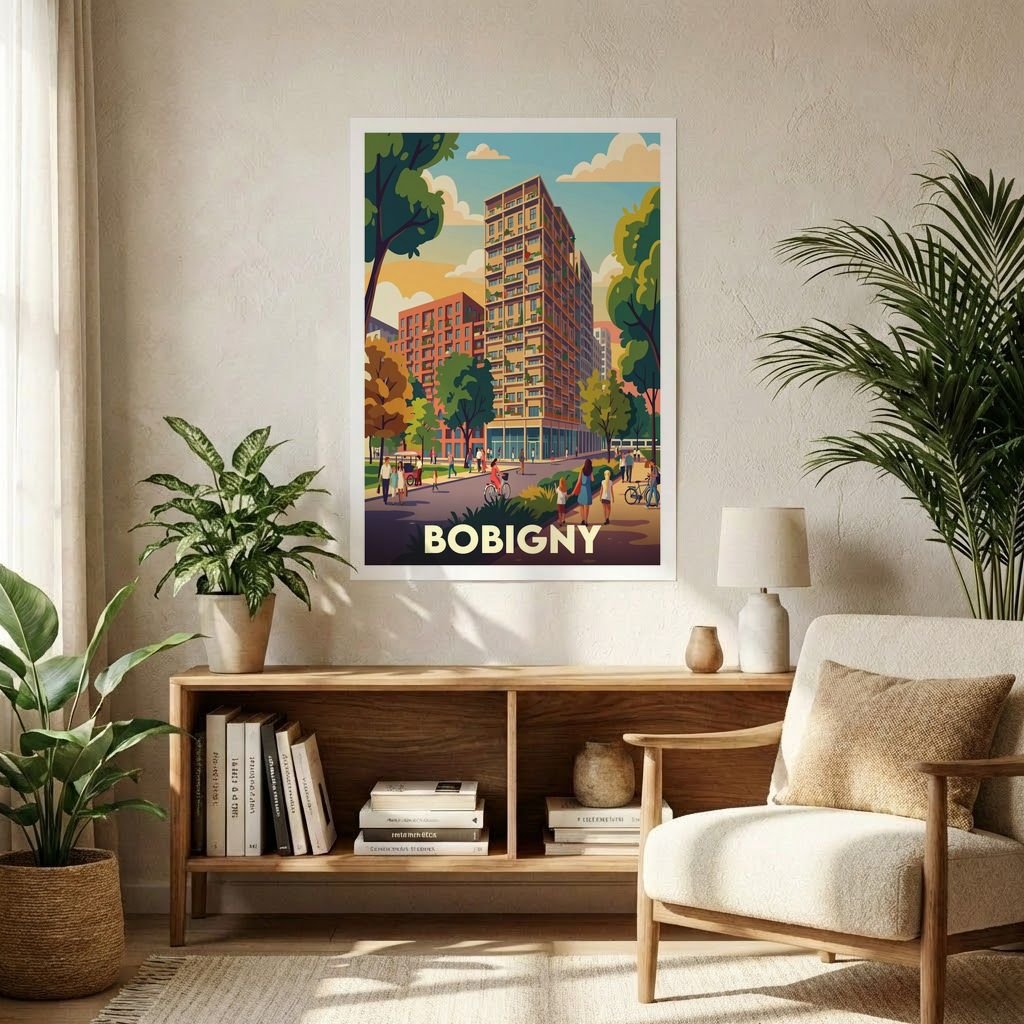 Poster souvenir de la ville de Bobigny avec une illustration urbaine colorée et stylisée.