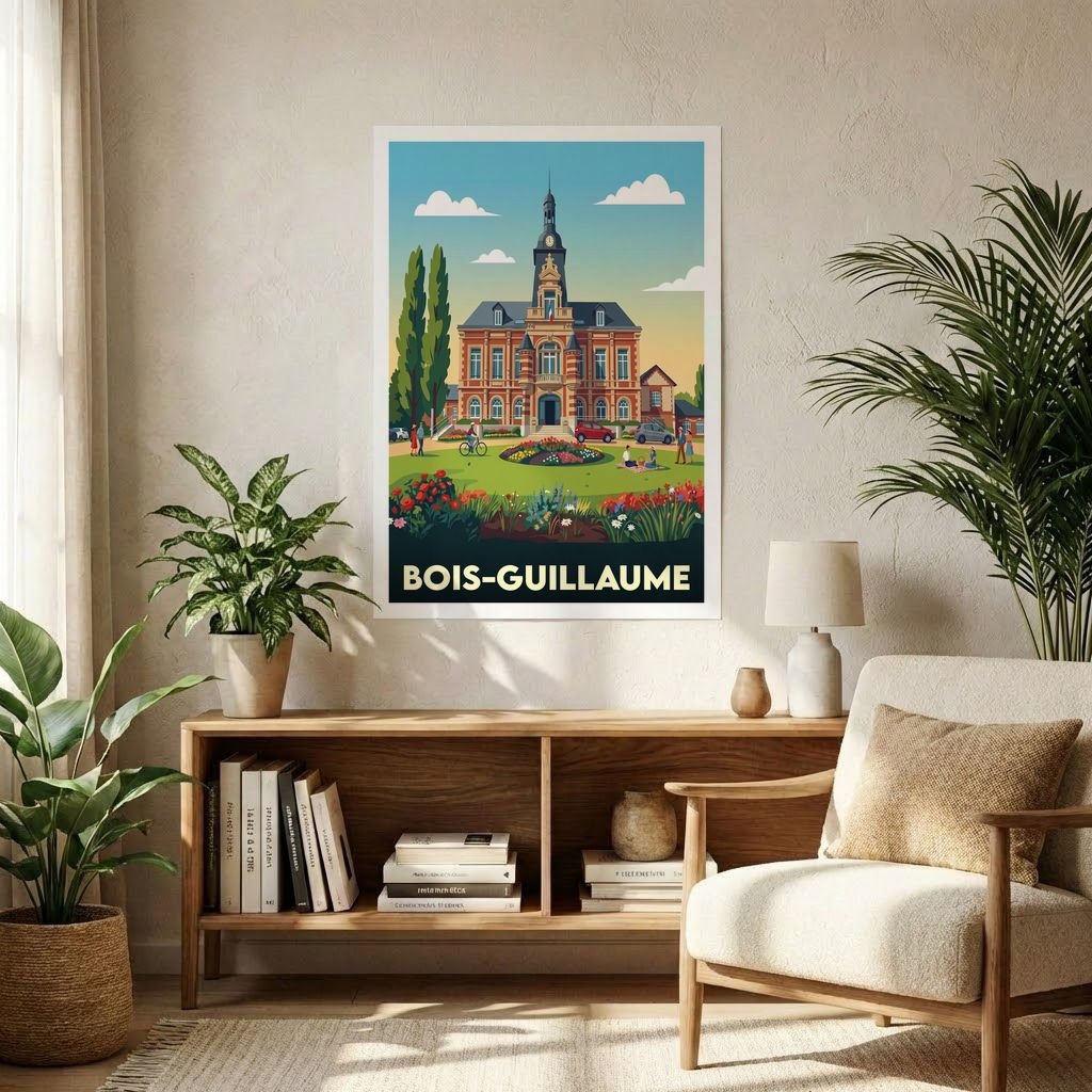 Poster souvenir de la ville de Bois-Guillaume avec une illustration stylisée de sa mairie et de son parc.
