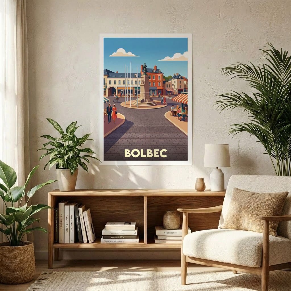 Affiche souvenir de la ville de Bolbec avec une illustration stylisée de son centre-ville historique.