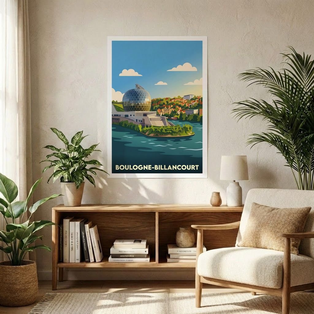 Affiche souvenir de la ville de Boulogne-Billancourt avec une illustration stylisée de la Seine Musicale.