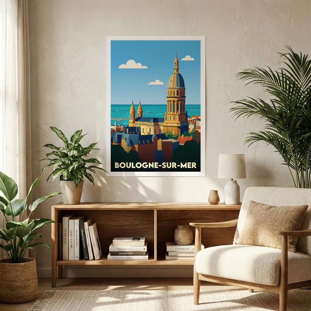 Poster souvenir de la ville de Boulogne-sur-Mer avec une illustration stylisée de sa cathédrale et de son littoral.